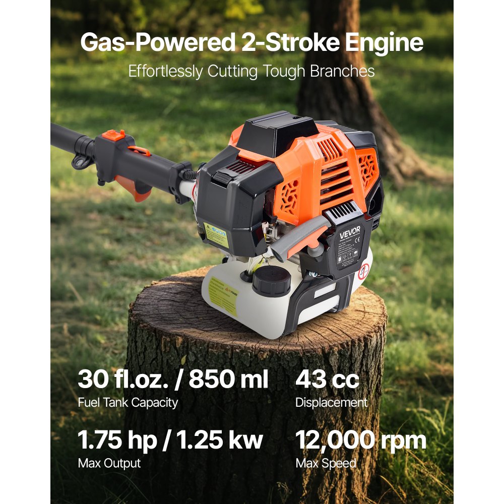 Gas Pole Saw Tree Trimmer Rotatable Head 43CC 2 Stroke 10 Inch Cutting Bar