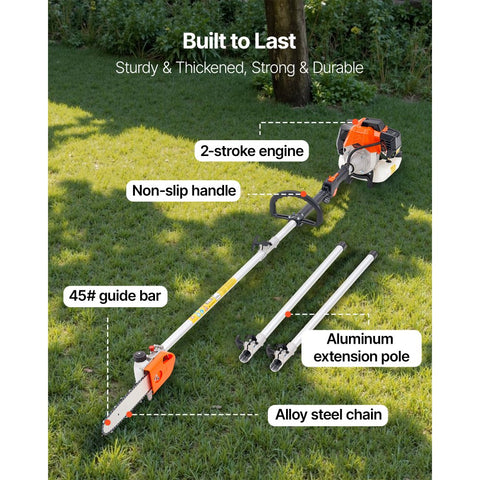 Gas Pole Saw Tree Trimmer Rotatable Head 43CC 2 Stroke 10 Inch Cutting Bar