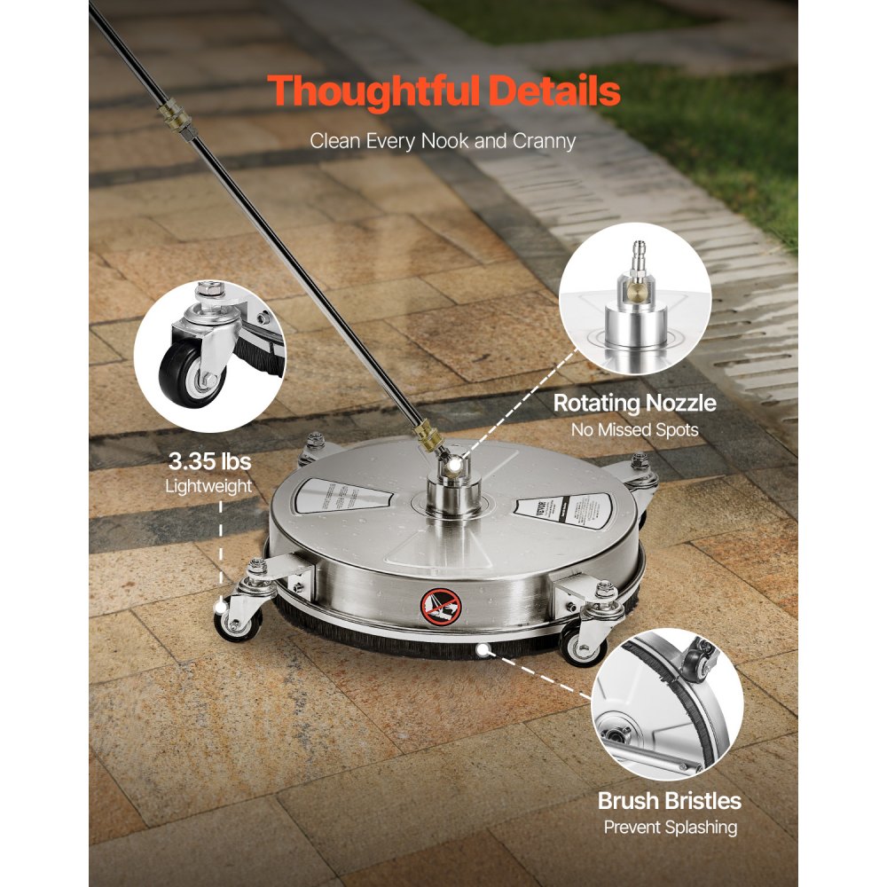 Pressure Washer Surface Cleaner 16.5in 4 Wheels Stainless Steel Max 4000 PSI