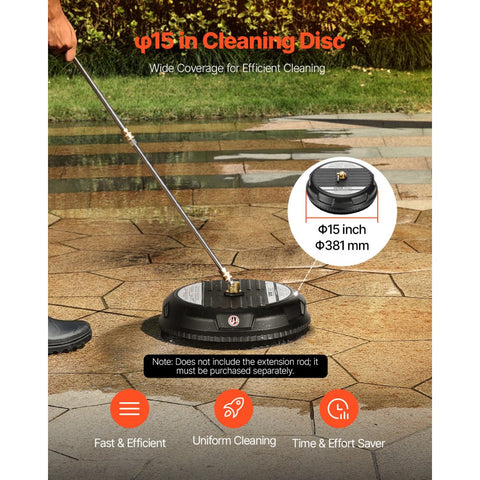 Pressure Washer Surface Cleaner 15in 4 Wheels Max 3000 PSI Plastic Black