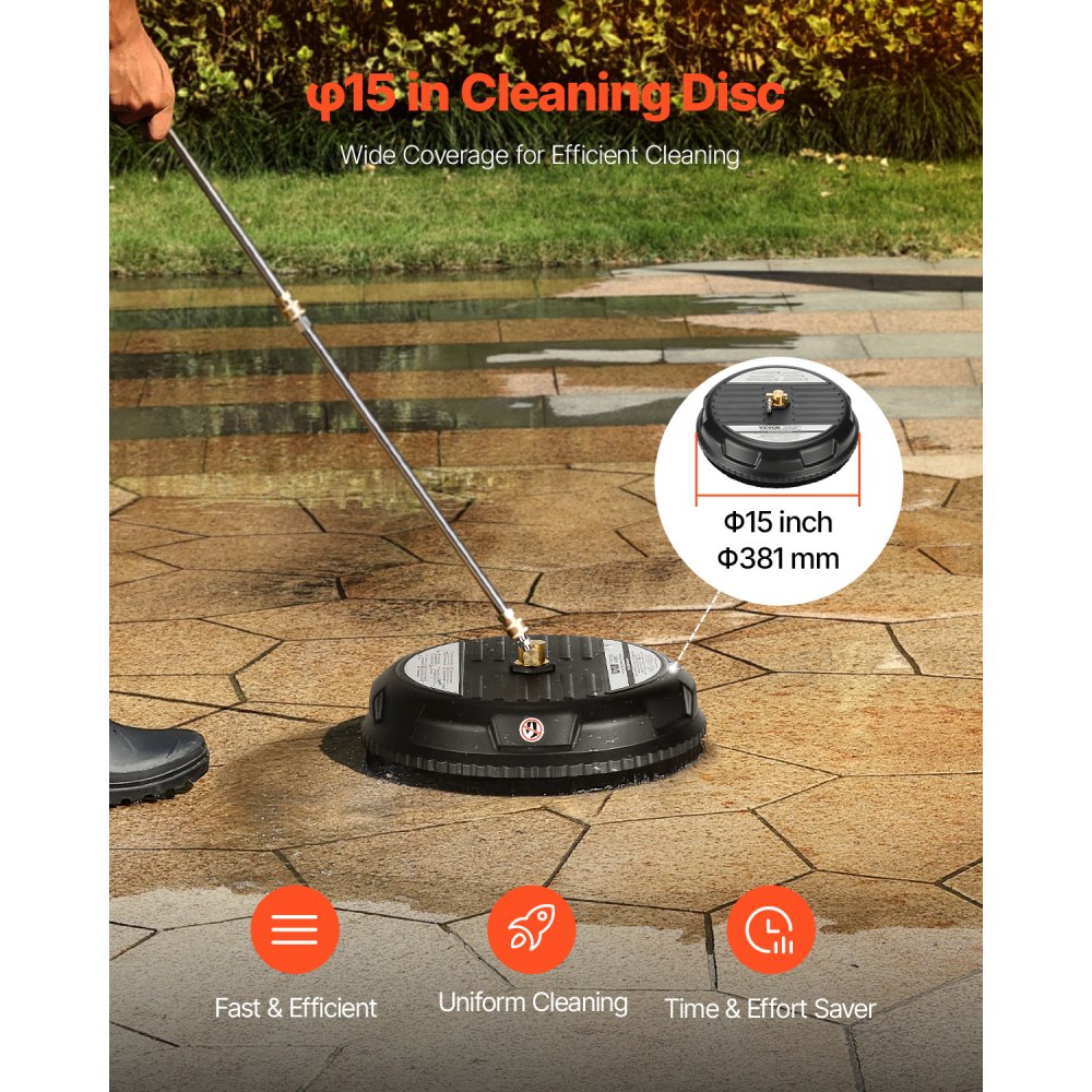 15in Pressure Washer Surface Cleaner 3000 PSI Max Plastic with 2 Extended Wands