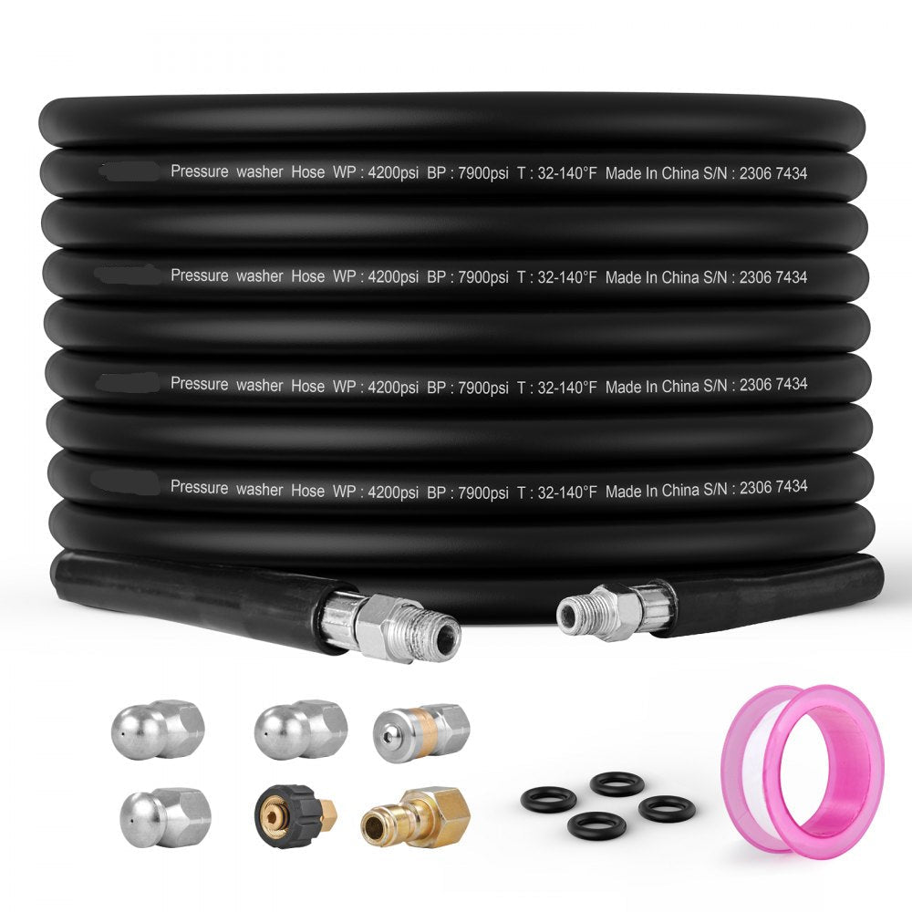 Pressure Washer Hose 100FT 1/4" Kink Free Brass Thread Replacement for Most Pressure Washers 3/4" Bending Radius 4200 PSI Heavy Duty Extension Spray Nozzle