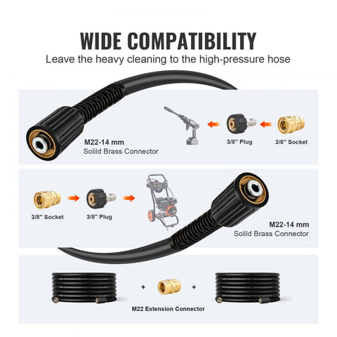 Pressure Washer Hose, 50FT, 1/4" Kink-Free M22-14mm Brass Thread, 3600 PSI Heavy-Duty Extension Replacement