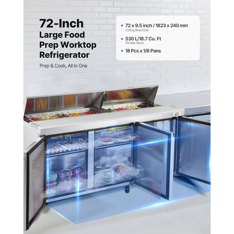 Commercial Refrigerated Sandwich Prep Table, Triple Door, Stainless Steel