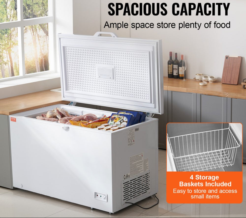 12.8 cu ft / 345 L large deep freezer compartment with 4 removable baskets, freestanding top-loading commercial chest freezer with locking lid, 7 adjustable temperatures, LED lighting, and 6 wheels