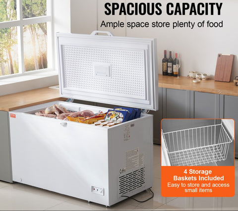 12.8 cu ft / 345 L large deep freezer compartment with 4 removable baskets, freestanding top-loading commercial chest freezer with locking lid, 7 adjustable temperatures, LED lighting, and 6 wheels