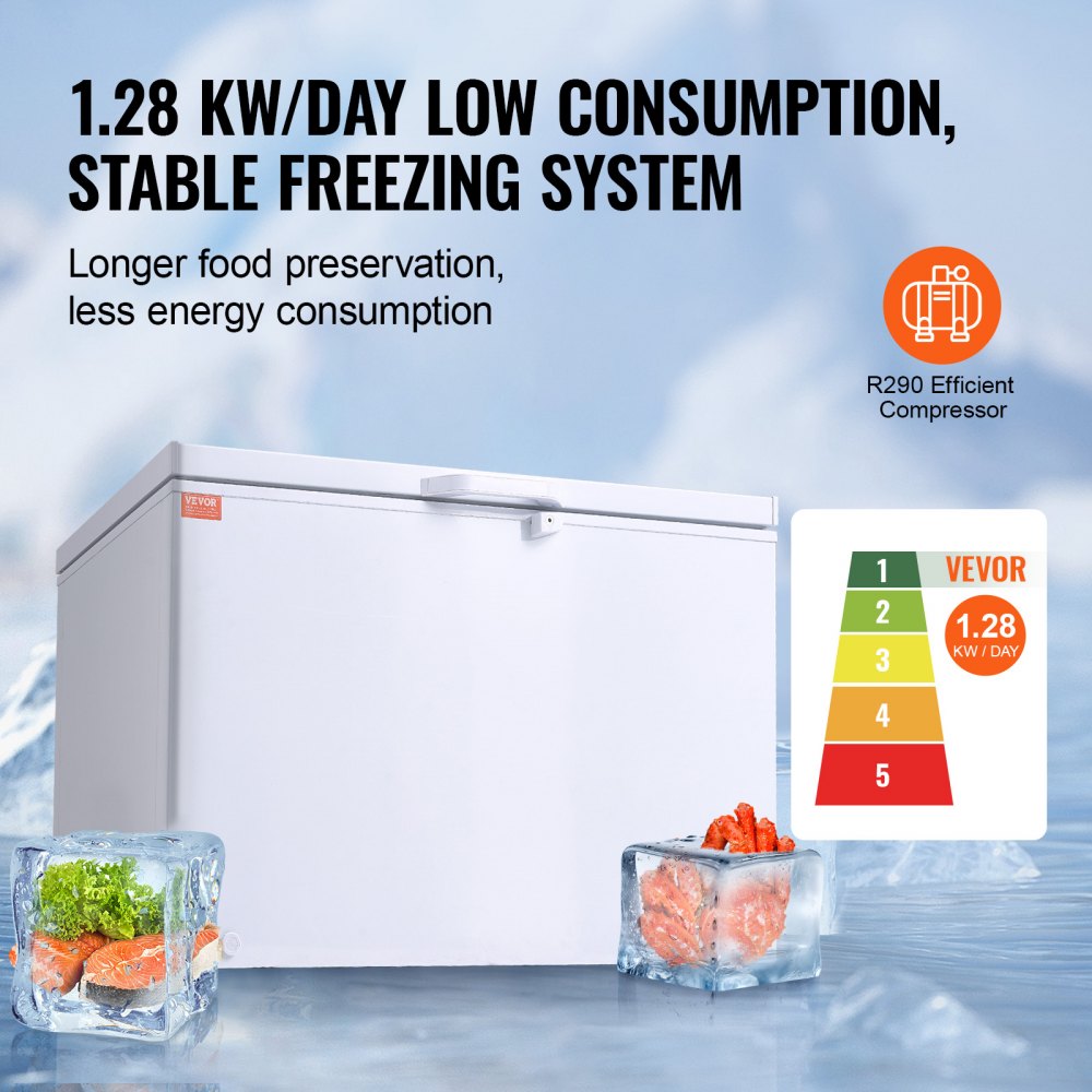 12.8 cu ft / 345 L large deep freezer compartment with 4 removable baskets, freestanding top-loading commercial chest freezer with locking lid, 7 adjustable temperatures, LED lighting, and 6 wheels