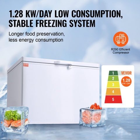 12.8 cu ft / 345 L large deep freezer compartment with 4 removable baskets, freestanding top-loading commercial chest freezer with locking lid, 7 adjustable temperatures, LED lighting, and 6 wheels