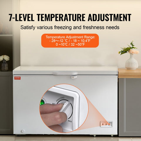 12.8 cu ft / 345 L large deep freezer compartment with 4 removable baskets, freestanding top-loading commercial chest freezer with locking lid, 7 adjustable temperatures, LED lighting, and 6 wheels