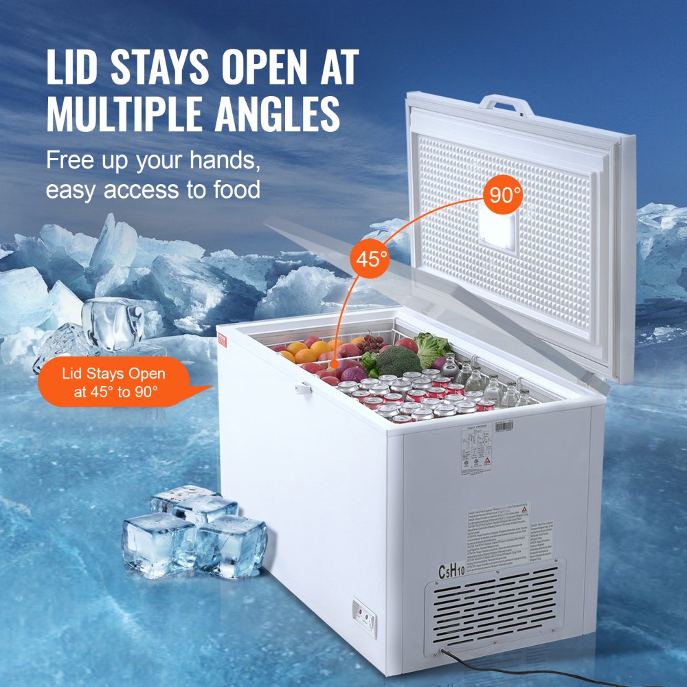 12.8 cu ft / 345 L large deep freezer compartment with 4 removable baskets, freestanding top-loading commercial chest freezer with locking lid, 7 adjustable temperatures, LED lighting, and 6 wheels