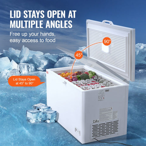 12.8 cu ft / 345 L large deep freezer compartment with 4 removable baskets, freestanding top-loading commercial chest freezer with locking lid, 7 adjustable temperatures, LED lighting, and 6 wheels