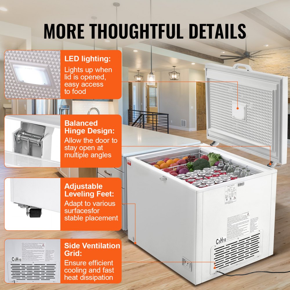 12.8 cu ft / 345 L large deep freezer compartment with 4 removable baskets, freestanding top-loading commercial chest freezer with locking lid, 7 adjustable temperatures, LED lighting, and 6 wheels