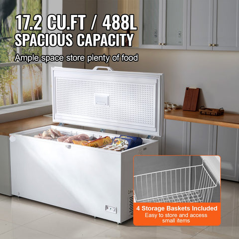 Chest Freezer, 17.2 Cu.ft / 488L Large Deep Freezer with 4 Removable Baskets, Locking Lid, 7-Temp Levels, LED Light, 6 Wheels