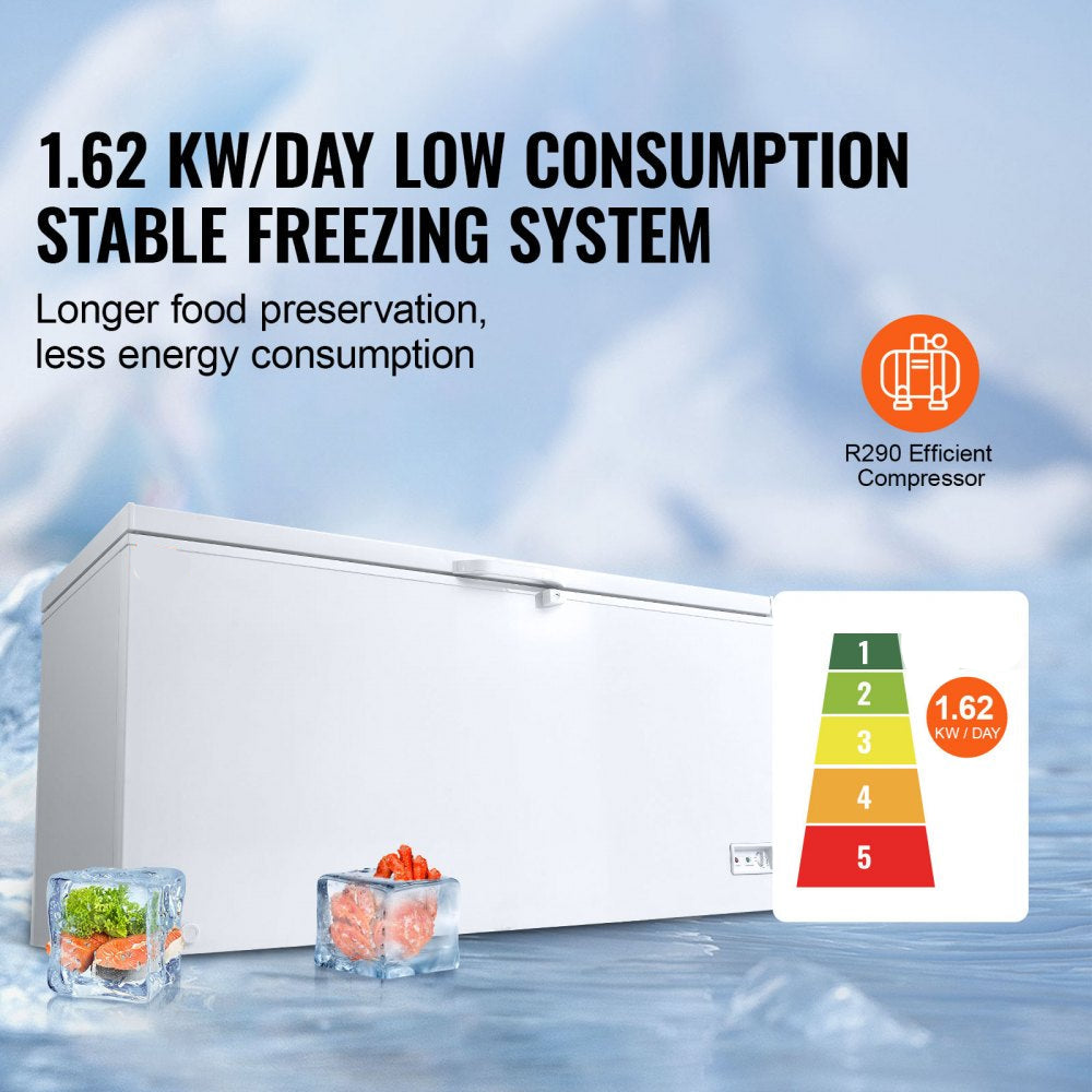 Chest Freezer, 17.2 Cu.ft / 488L Large Deep Freezer with 4 Removable Baskets, Locking Lid, 7-Temp Levels, LED Light, 6 Wheels