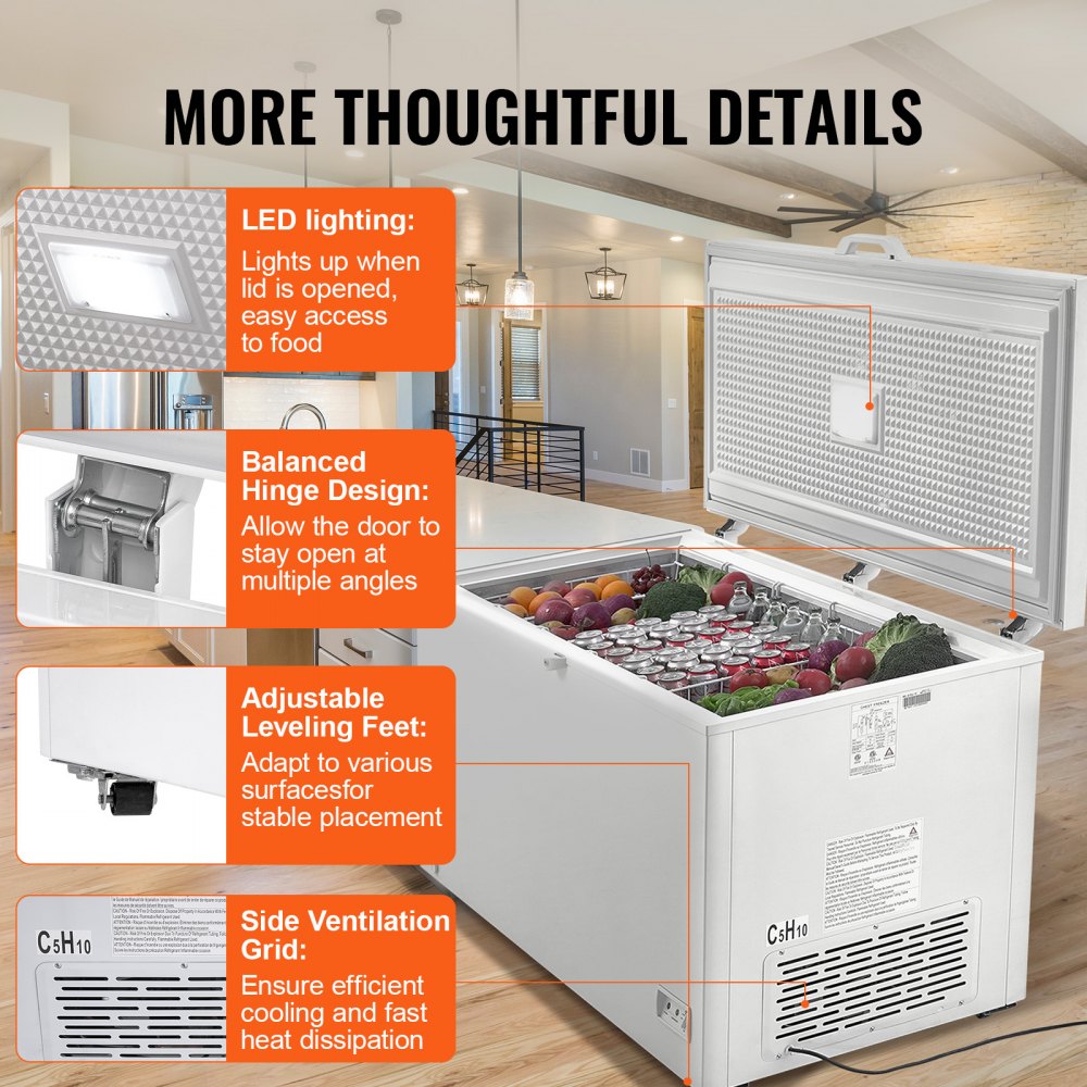 Chest Freezer, 17.2 Cu.ft / 488L Large Deep Freezer with 4 Removable Baskets, Locking Lid, 7-Temp Levels, LED Light, 6 Wheels