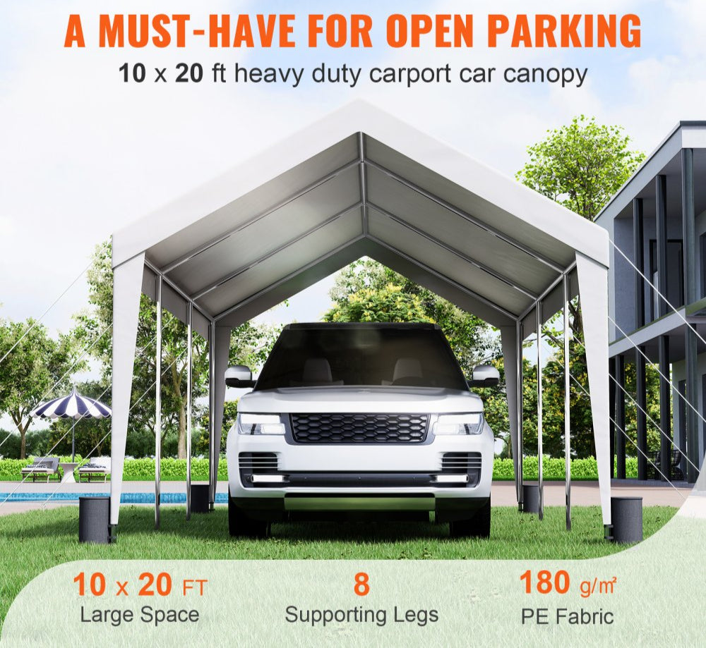 Carport, 10x20 ft Heavy Duty Car Canopy Garage Boat Shelter Party Tent with 8 Reinforced Poles and 4 Weight Bags, UV Resistant Waterproof All-Season Tarp for SUV, F150, Car, Truck, Boat