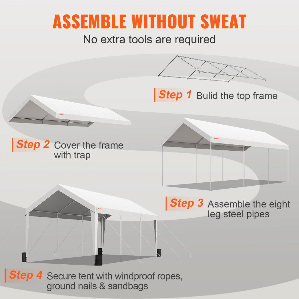Carport, 10x20 ft Heavy Duty Car Canopy Garage Boat Shelter Party Tent with 8 Reinforced Poles and 4 Weight Bags, UV Resistant Waterproof All-Season Tarp for SUV, F150, Car, Truck, Boat