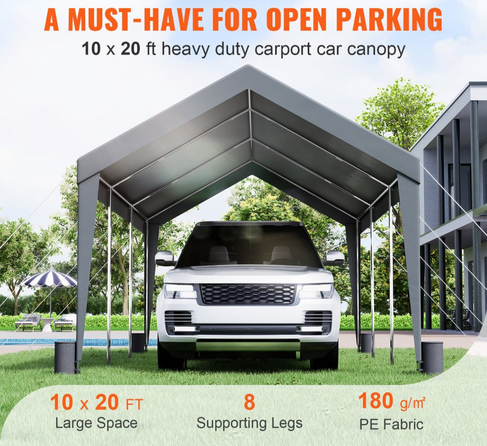 Carport, Heavy Duty 10 x 20ft Car Canopy, Outdoor Garage Shelter with 8 Reinforced Poles and 4 Weighted Bags, UV Resistant Waterproof Instant Car Garage Tent for Party Garden Boat, Darkgray