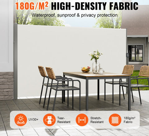 Retractable Side Awning, 63''x 118'' Outdoor Privacy Screen, 180g Polyester Water-proof Retractable Patio Screen, UV 30+ Room Divider Wind Screen for Patio, Backyard, Balcony, Beige