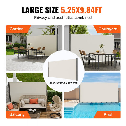 Retractable Side Awning, 63''x 118'' Outdoor Privacy Screen, 180g Polyester Water-proof Retractable Patio Screen, UV 30+ Room Divider Wind Screen for Patio, Backyard, Balcony, Beige