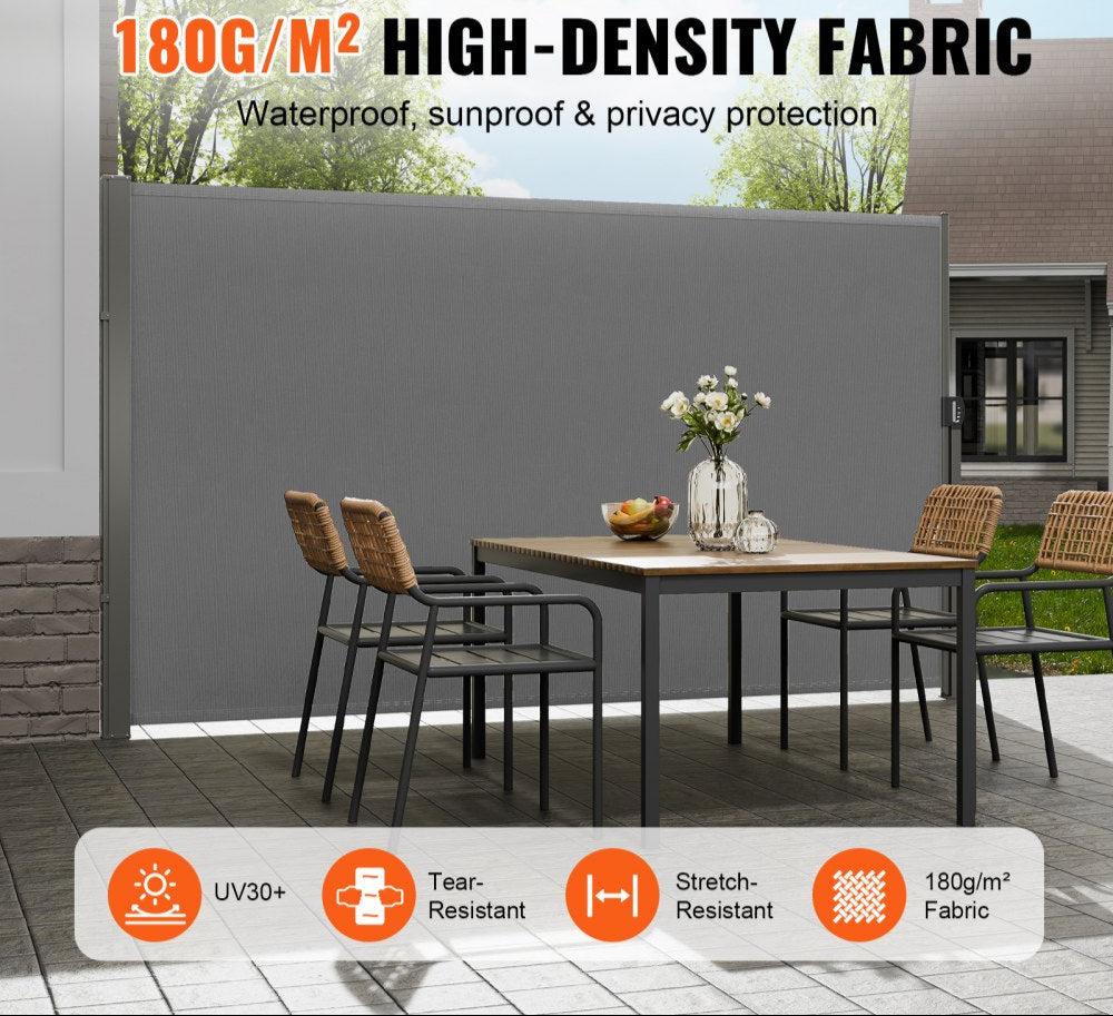 Retractable Side Awning, 71''x 118'' Outdoor Privacy Screen, 180g Polyester Water-proof Retractable Patio Screen, UV 30+ Room Divider Wind Screen for Patio, Backyard, Balcony, Gray