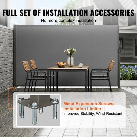 Retractable Side Awning, 71''x 118'' Outdoor Privacy Screen, 180g Polyester Water-proof Retractable Patio Screen, UV 30+ Room Divider Wind Screen for Patio, Backyard, Balcony, Gray