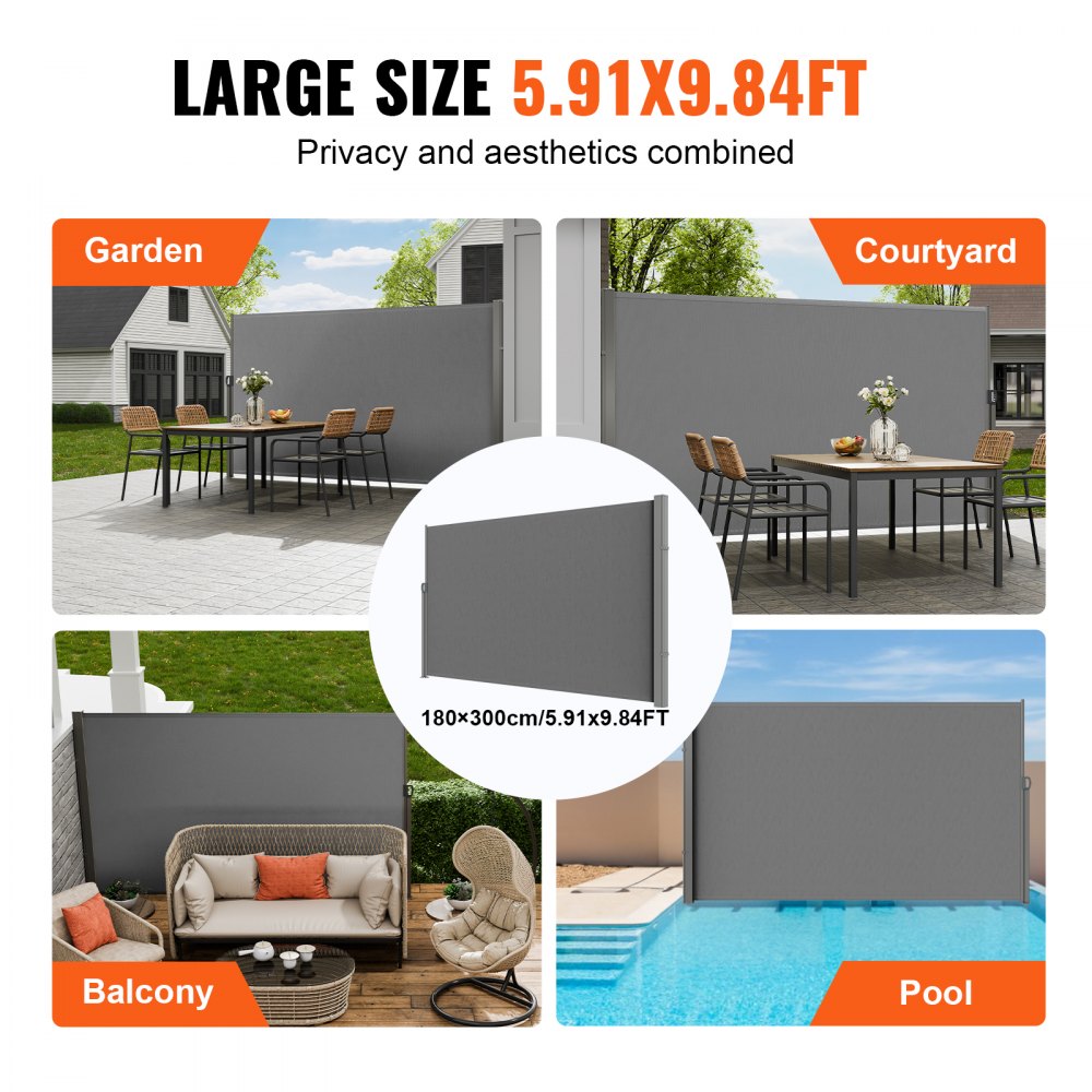 Retractable Side Awning, 71''x 118'' Outdoor Privacy Screen, 180g Polyester Water-proof Retractable Patio Screen, UV 30+ Room Divider Wind Screen for Patio, Backyard, Balcony, Gray