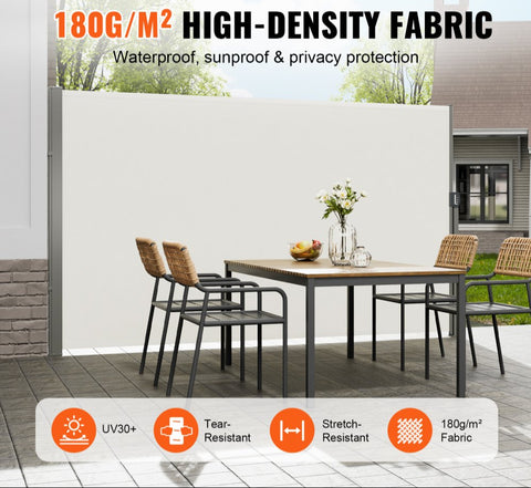 Retractable Side Awning, 79''x 118'' Outdoor Privacy Screen, 180g Polyester Water-proof Retractable Patio Screen, UV 30+ Room Divider Wind Screen for Patio, Backyard, Balcony, Beige