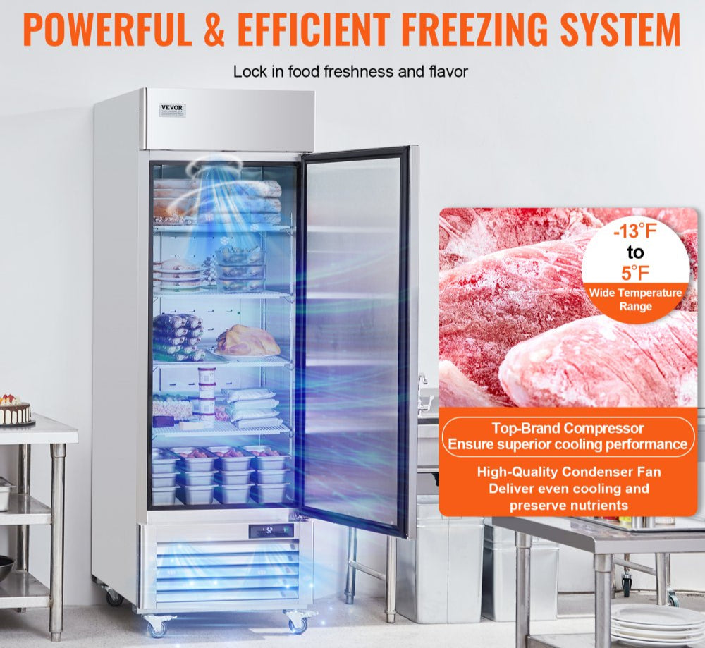 Commercial Freezer 19.32 cubic feet, 27-inch wide single-door upright freezer, automatic defrost with 4 adjustable shelves, -13 to 5°F temperature control, LED lights, 4 wheels
