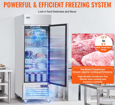 Commercial Freezer 19.32 cubic feet, 27-inch wide single-door upright freezer, automatic defrost with 4 adjustable shelves, -13 to 5°F temperature control, LED lights, 4 wheels