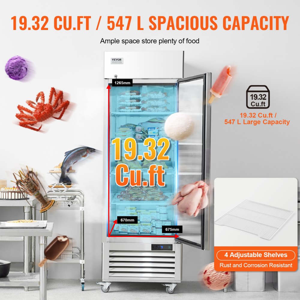 Commercial Freezer 19.32 cubic feet, 27-inch wide single-door upright freezer, automatic defrost with 4 adjustable shelves, -13 to 5°F temperature control, LED lights, 4 wheels
