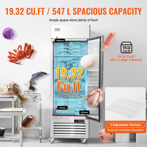 Commercial Freezer 19.32 cubic feet, 27-inch wide single-door upright freezer, automatic defrost with 4 adjustable shelves, -13 to 5°F temperature control, LED lights, 4 wheels