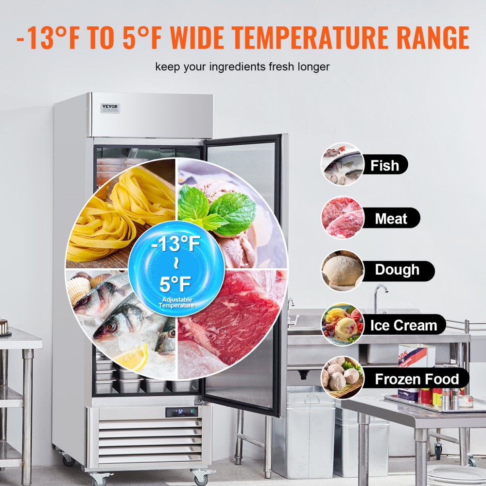 Commercial Freezer 19.32 cubic feet, 27-inch wide single-door upright freezer, automatic defrost with 4 adjustable shelves, -13 to 5°F temperature control, LED lights, 4 wheels