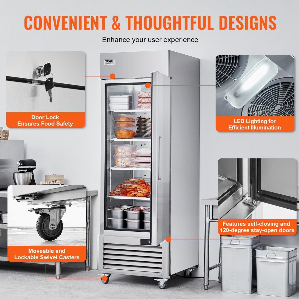 Commercial Freezer 19.32 cubic feet, 27-inch wide single-door upright freezer, automatic defrost with 4 adjustable shelves, -13 to 5°F temperature control, LED lights, 4 wheels