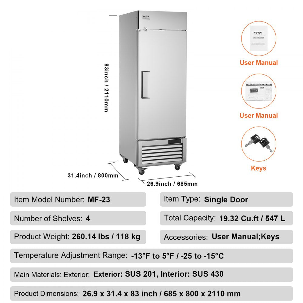 Commercial Freezer 19.32 cubic feet, 27-inch wide single-door upright freezer, automatic defrost with 4 adjustable shelves, -13 to 5°F temperature control, LED lights, 4 wheels