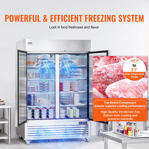 Commercial Freezer 44.21 cubic feet, 54.4-inch wide double doors, automatic defrost with 8 adjustable shelves, -13 to 5°F temperature control, LED lighting, 4 wheels
