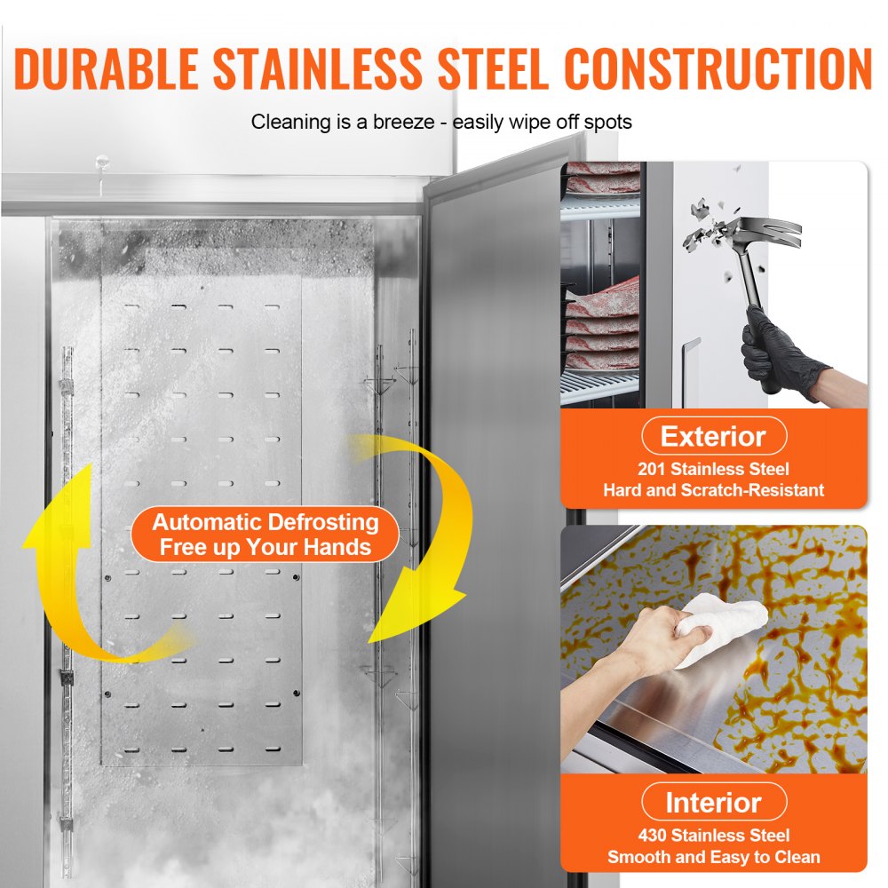 Commercial Freezer 44.21 cubic feet, 54.4-inch wide double doors, automatic defrost with 8 adjustable shelves, -13 to 5°F temperature control, LED lighting, 4 wheels