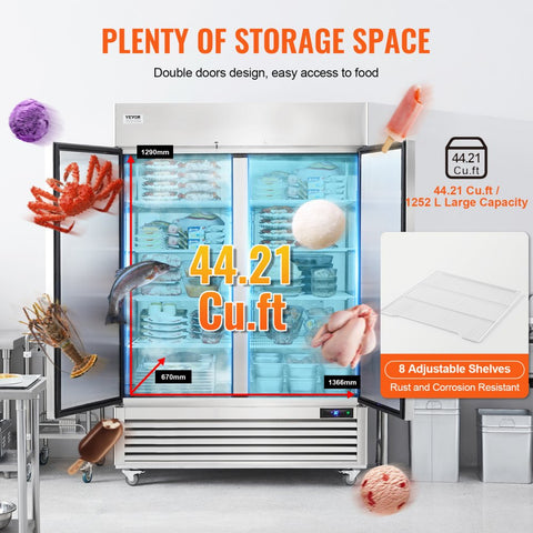 Commercial Freezer 44.21 cubic feet, 54.4-inch wide double doors, automatic defrost with 8 adjustable shelves, -13 to 5°F temperature control, LED lighting, 4 wheels