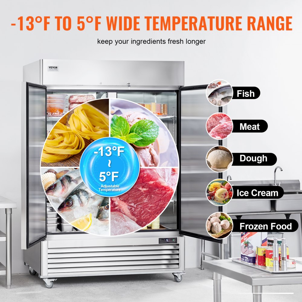 Commercial Freezer 44.21 cubic feet, 54.4-inch wide double doors, automatic defrost with 8 adjustable shelves, -13 to 5°F temperature control, LED lighting, 4 wheels