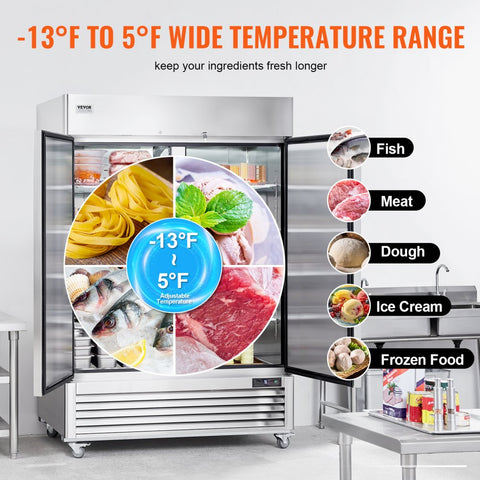 Commercial Freezer 44.21 cubic feet, 54.4-inch wide double doors, automatic defrost with 8 adjustable shelves, -13 to 5°F temperature control, LED lighting, 4 wheels