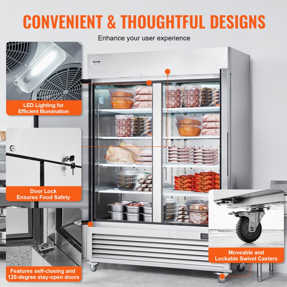 Commercial Freezer 44.21 cubic feet, 54.4-inch wide double doors, automatic defrost with 8 adjustable shelves, -13 to 5°F temperature control, LED lighting, 4 wheels