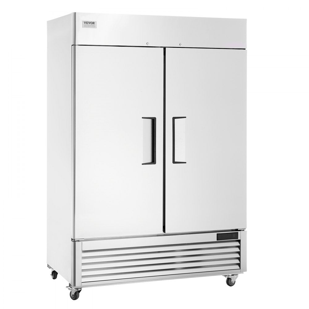 Commercial Freezer 44.21 cubic feet, 54.4-inch wide double doors, automatic defrost with 8 adjustable shelves, -13 to 5°F temperature control, LED lighting, 4 wheels