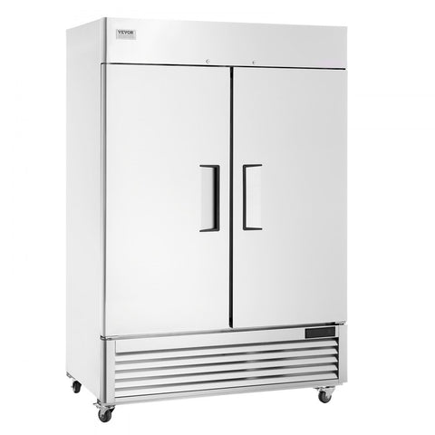 Commercial Freezer 44.21 cubic feet, 54.4-inch wide double doors, automatic defrost with 8 adjustable shelves, -13 to 5°F temperature control, LED lighting, 4 wheels