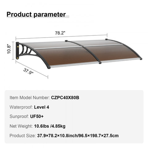Window Door Awning Canopy 80" x 40", UPF 50+ Polycarbonate Entry Door Outdoor Window Awning Exterior, Front Door Overhang Awning for Sun Shutter, UV, Rain, Snow Protection, Hollow Sheet