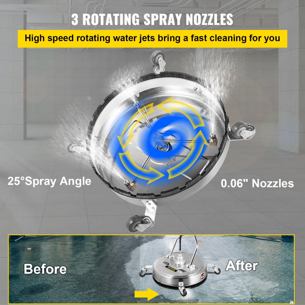 Pressure Washer Surface Cleaner 23in 4000 PSI with 3 Nozzles for Driveways Sidewalks Stainless Steel Frame Rotating Handle Wheels Fits 3 8in Quick Connector