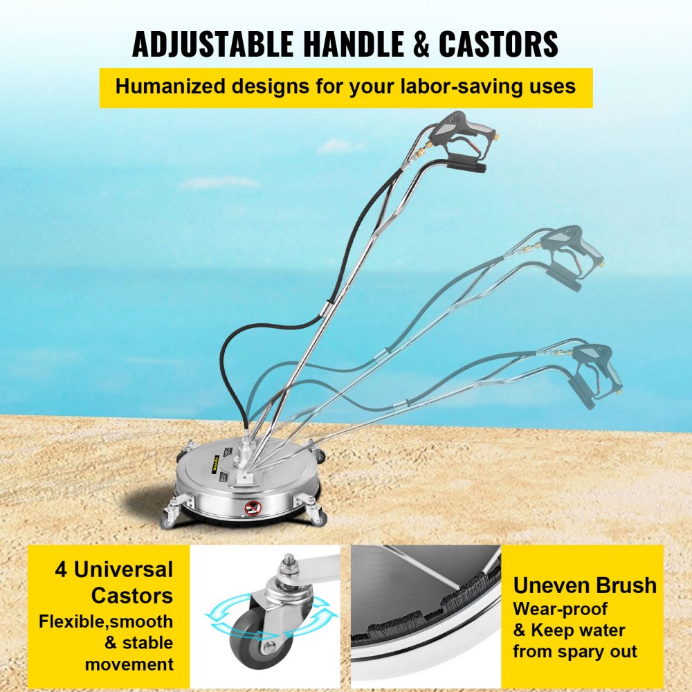 Pressure Washer Surface Cleaner 23in 4000 PSI with 3 Nozzles for Driveways Sidewalks Stainless Steel Frame Rotating Handle Wheels Fits 3 8in Quick Connector