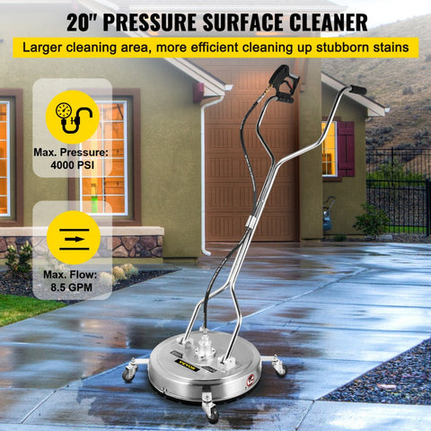 Pressure Washer Surface Cleaner 20in 4000 PSI with 2 Nozzles for Driveways Sidewalks Stainless Steel Frame Dual Handle Wheels Fits 3 8in Quick Connector