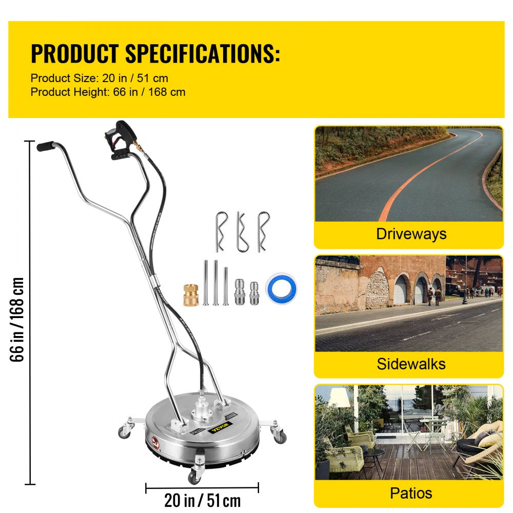 Pressure Washer Surface Cleaner 20in 4000 PSI with 2 Nozzles for Driveways Sidewalks Stainless Steel Frame Dual Handle Wheels Fits 3 8in Quick Connector