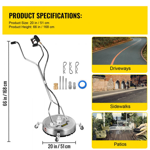 Pressure Washer Surface Cleaner 20in 4000 PSI with 2 Nozzles for Driveways Sidewalks Stainless Steel Frame Dual Handle Wheels Fits 3 8in Quick Connector