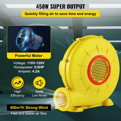Air Blower 450W 0.6HP Inflatable Blower Portable Powerful Bounce House Blower 1750Pa Commercial Air Blower Pump Fan for Inflatable Bouncy Castle and Jump Slides Yellow